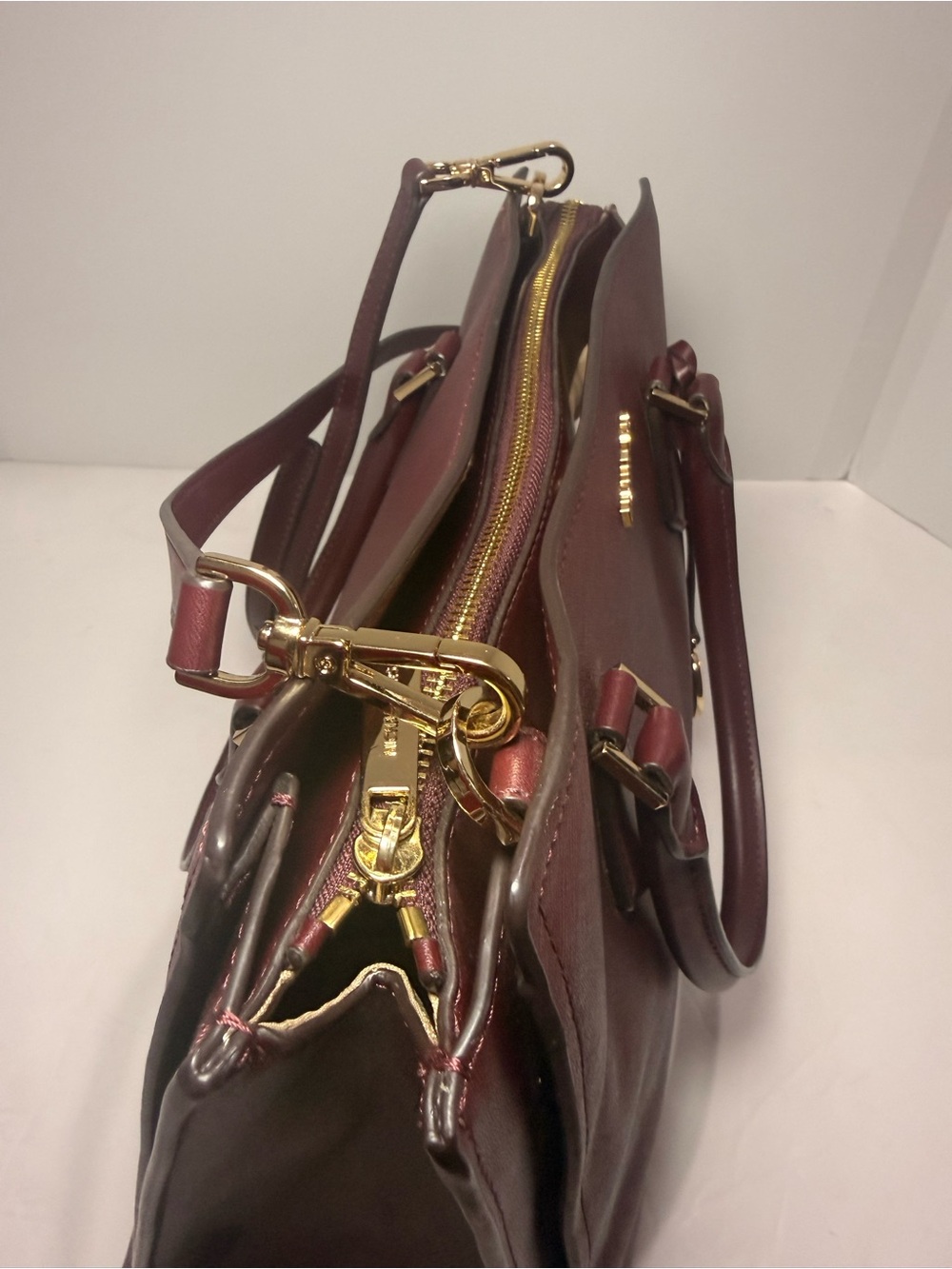 Michael Kors Wine Saffiano Leather Satchel with Gold Hardware - Picture 10 of 13